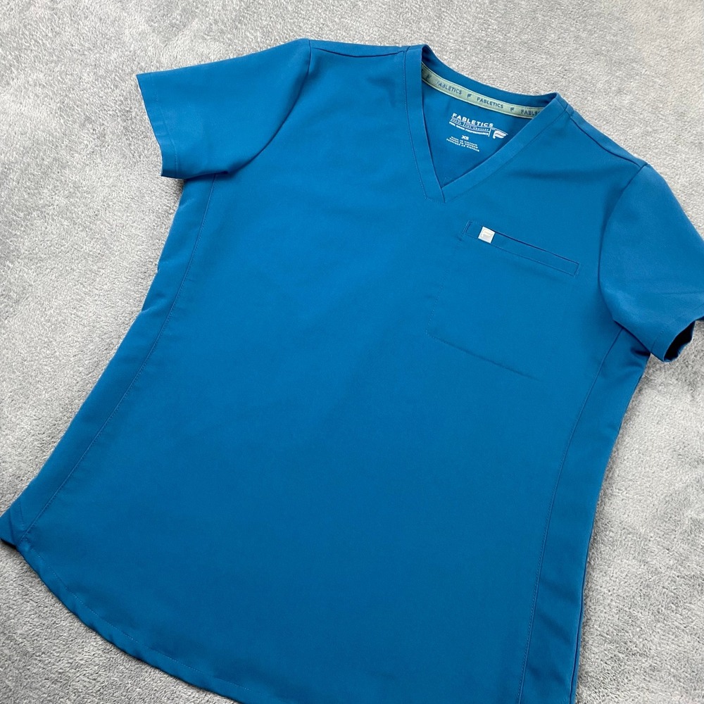 Fabletics Women XS Scrub Top Caribbean Blue V-Neck Performance Stretch